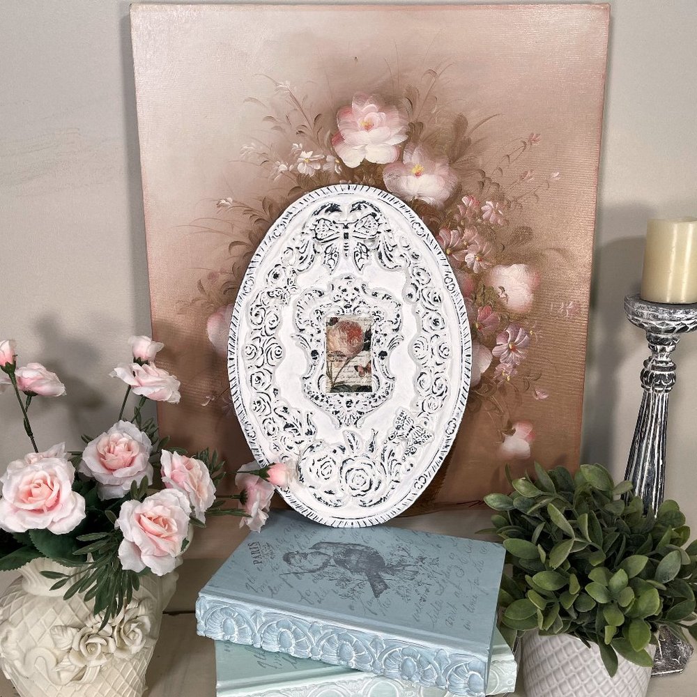 French Country Cottage Pink Roses Butterflies Plaque Sign Picture Plate Platter